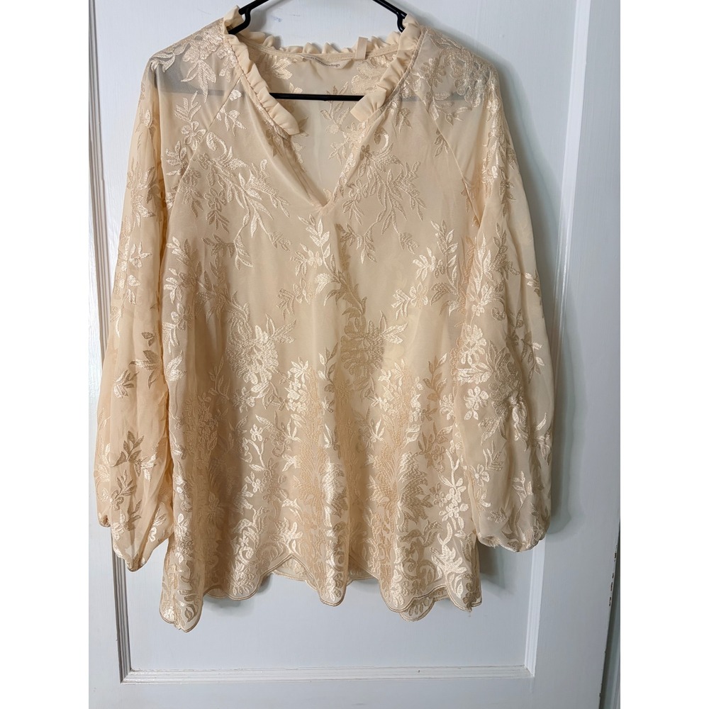 Soft Surroundings Ivory Floral Embroidered Sheer Ruffle Neck Blouse Medium